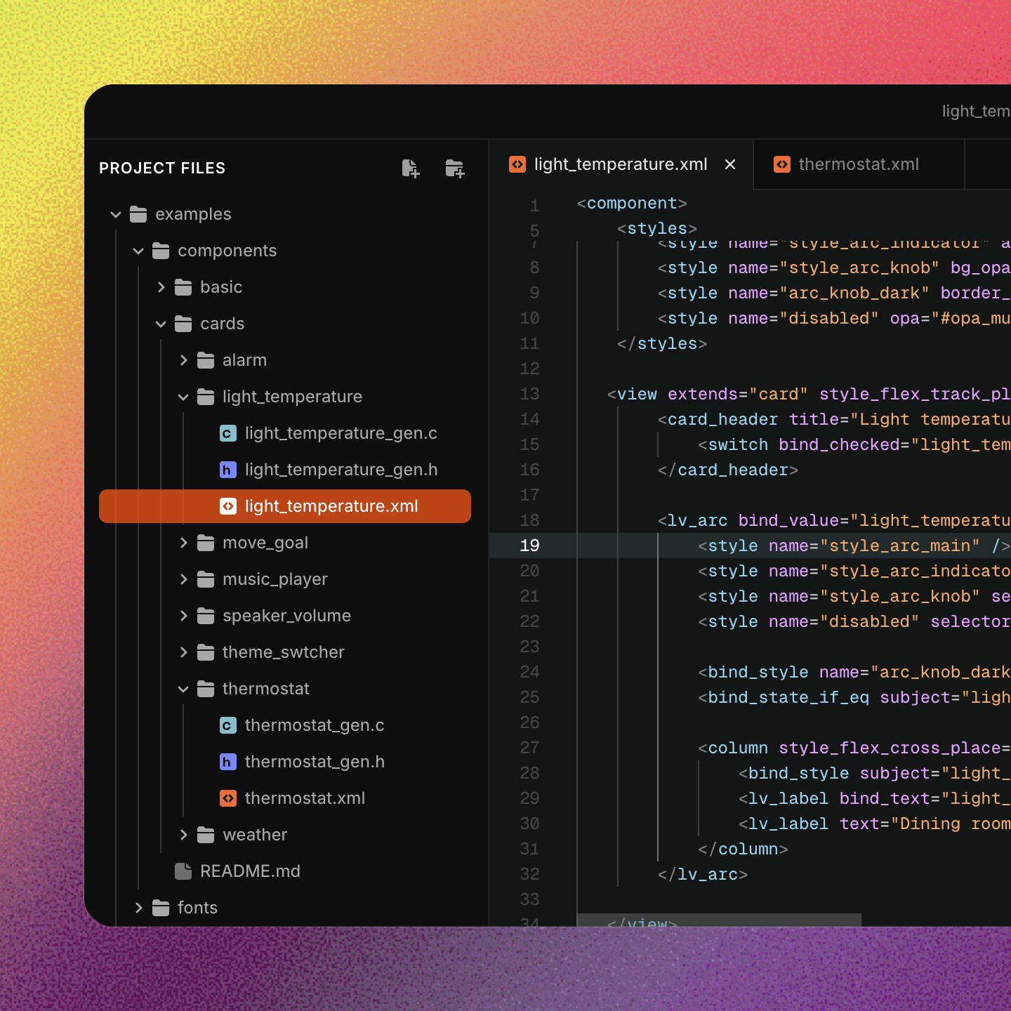 Screenshot of the LVGL Pro XML editor with a UI design open.